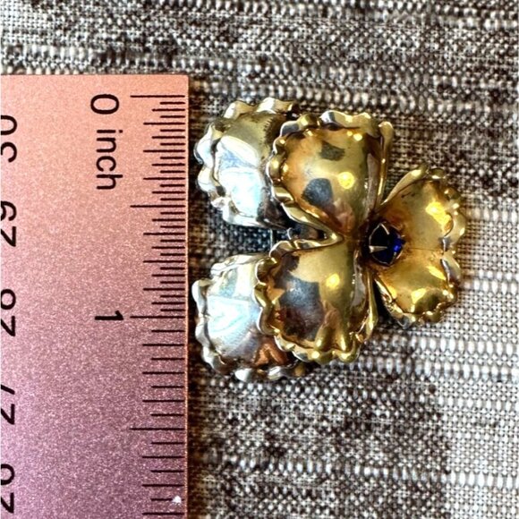Vintage Sterling Silver Pansy Flower Brooch With Blue Rhinestone Center 1940's - Picture 5 of 9